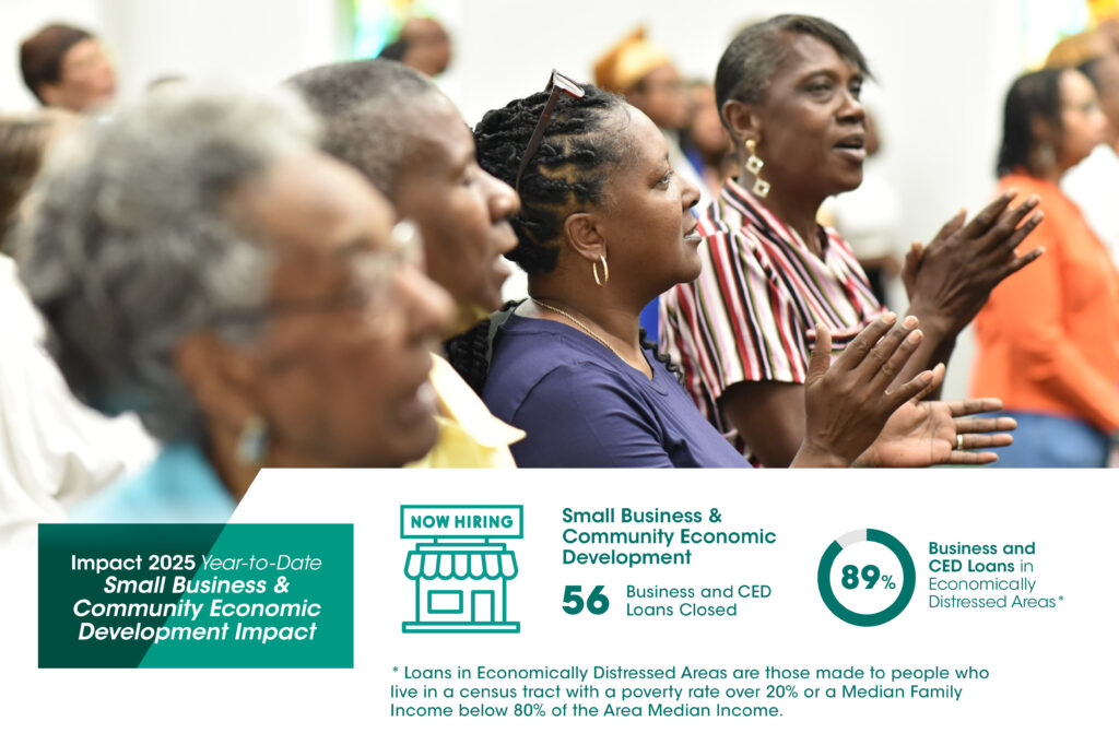 A group of older adults sit and applaud at an indoor event. An infographic overlay shows stats: 56 business loans closed, 89% in distressed areas, and text about economic development impacts and hiring.