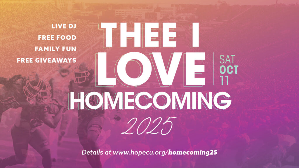 A homecoming event flyer with football players in the background. Large text reads, "THEE I LOVE HOMECOMING 2025" and "SAT OCT 11." Side text advertises live DJ, free food, family fun, and giveaways. Website link included below.