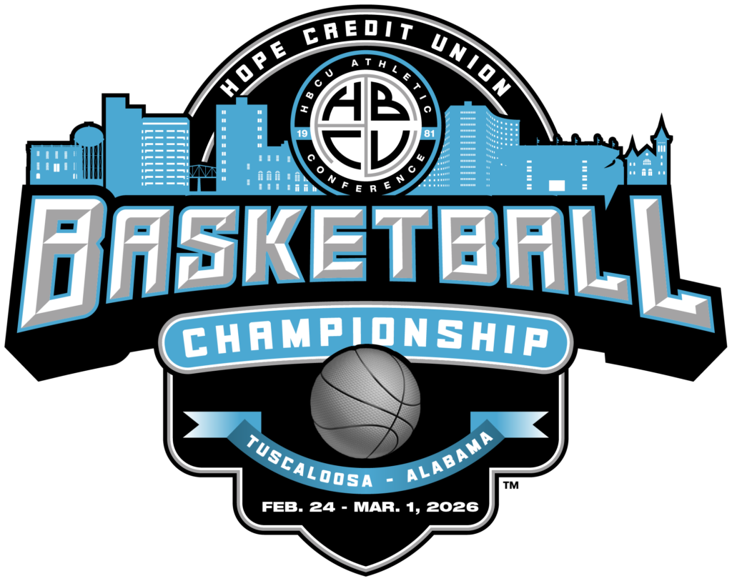 Logo for the 2026 HBCU Basketball Championship in Tuscaloosa, Alabama, featuring a city skyline, a basketball, and event details: Feb. 24 - Mar. 1, 2026.