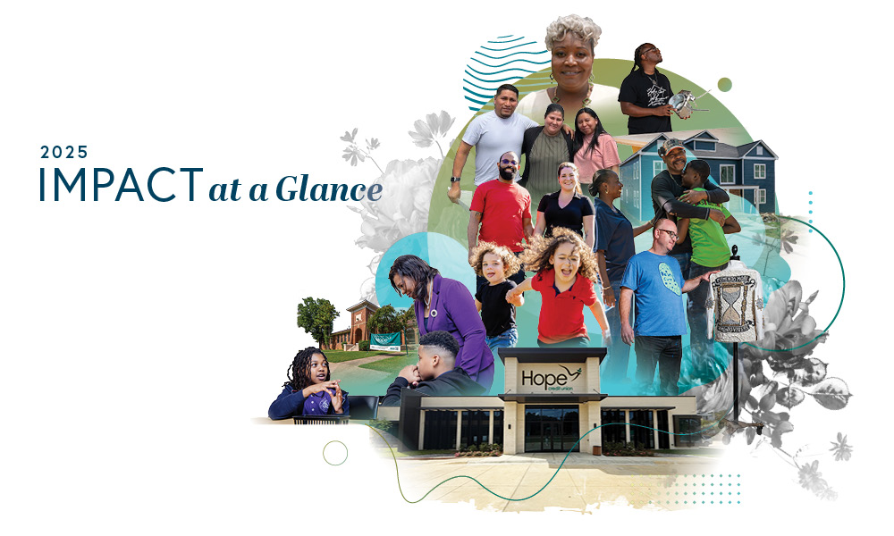 A collage of diverse people smiling, interacting, and playing on a colorful background with houses, flowers, and the words “2025 Impact at a Glance.” The Hope building is featured at the bottom center.